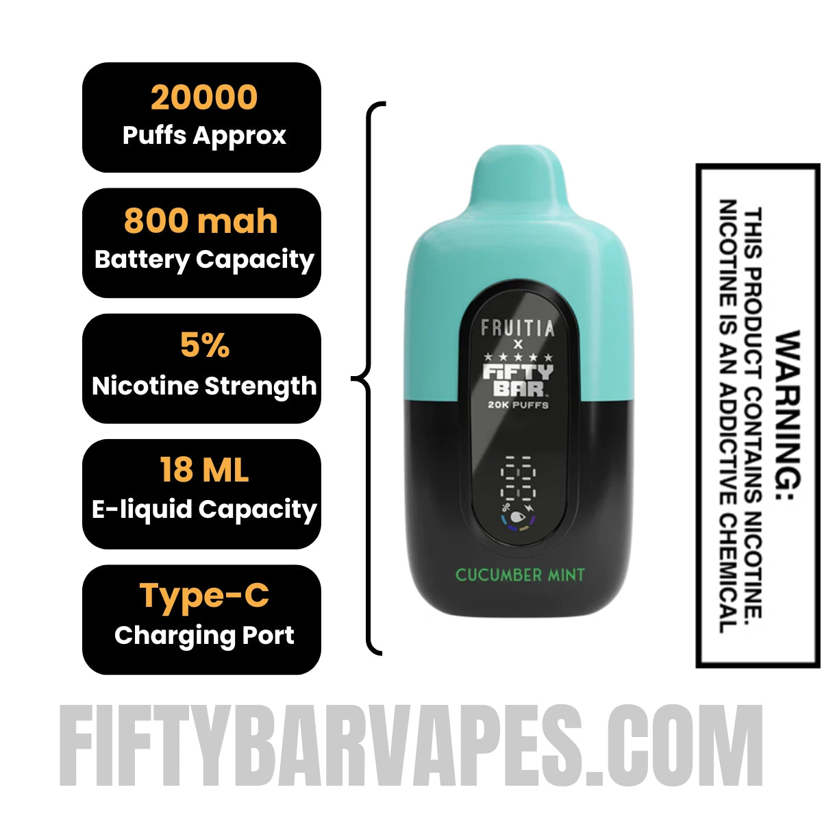 Cucumber Mint Fruitia X Fifty Bar 20K Disposable Vape Specifications Cucumber Mint Fruitia X Fifty Bar 20K Disposable Vape Specifications