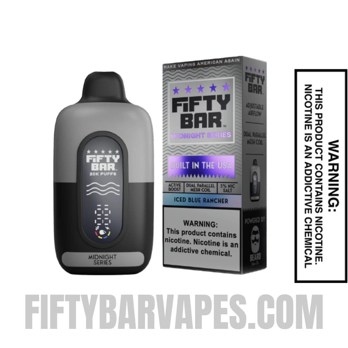 Iced Blue Rancher Fifty Bar 20K Midnight Series Disposable Vape with package box Iced Blue Rancher Fifty Bar 20K Midnight Series Disposable Vape with package box