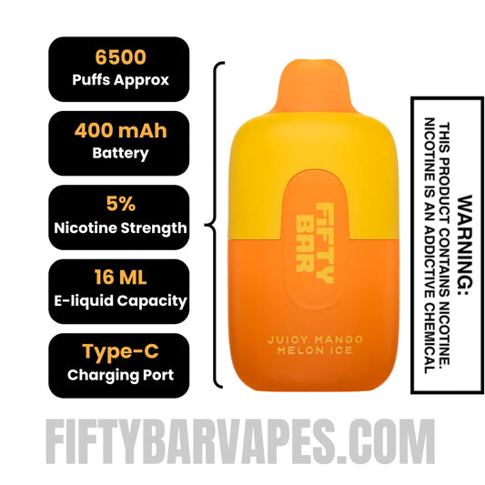 Juicy Mango Melon Ice Fifty Bar 6500 Puffs Disposable Vape Specification Juicy Mango Melon Ice Fifty Bar 6500 Puffs Disposable Vape Specification