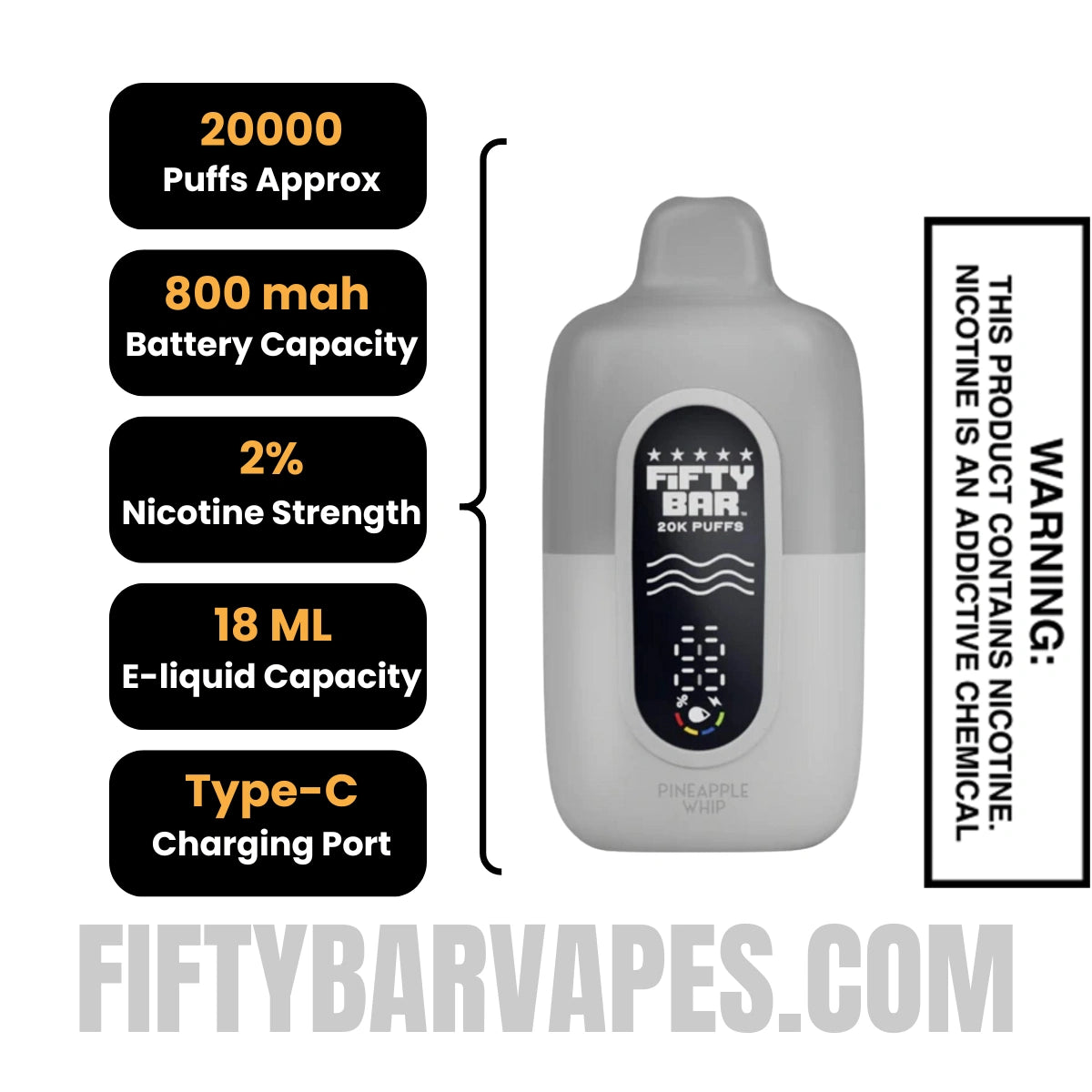 Pineapple Whip Fifty Bar 20K Silver Series 2% Disposable Vape Specifications Pineapple Whip Fifty Bar 20K Silver Series 2% Disposable Vape Specifications