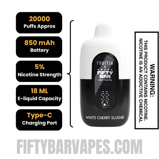 White Cherry Slushie Fruitia X FiftyBar 20K Disposable Vape Specifications White Cherry Slushie Fruitia X FiftyBar 20K Disposable Vape Specifications