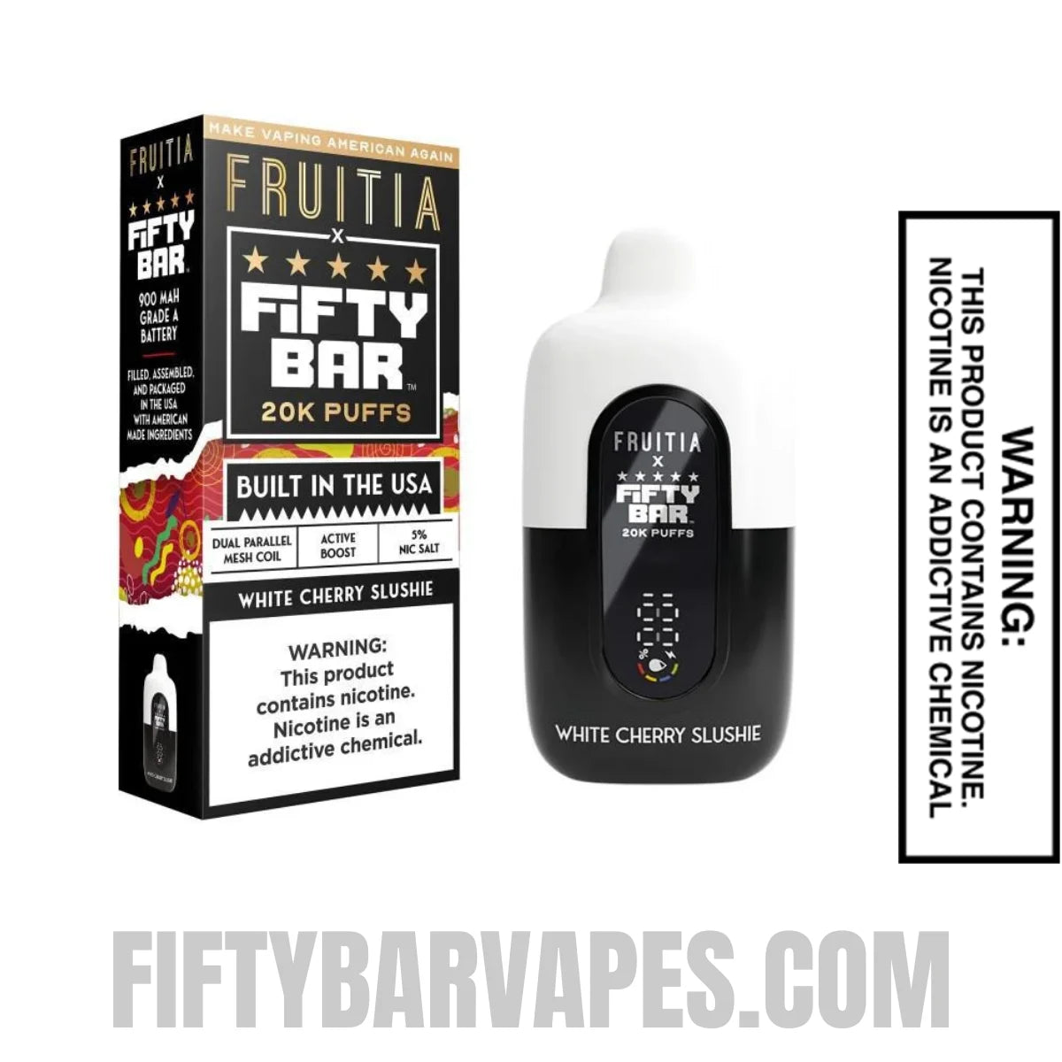 White Cherry Slushie Fruitia X FiftyBar 20K Disposable Vape With Package Box White Cherry Slushie Fruitia X FiftyBar 20K Disposable Vape With Package Box