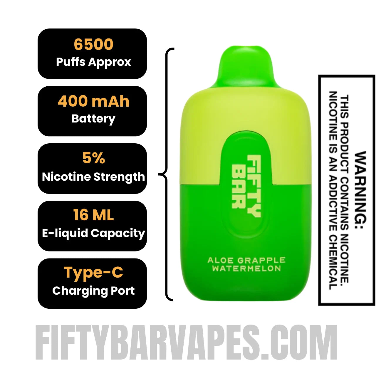 Aloe Grapple Watermelon Fifty Bar 6500 Puffs Disposable Vape Specification