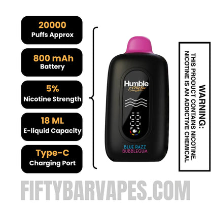 Blue Razz Bubblegum Humble x Fifty Bar 20K Disposable Vape Specifications