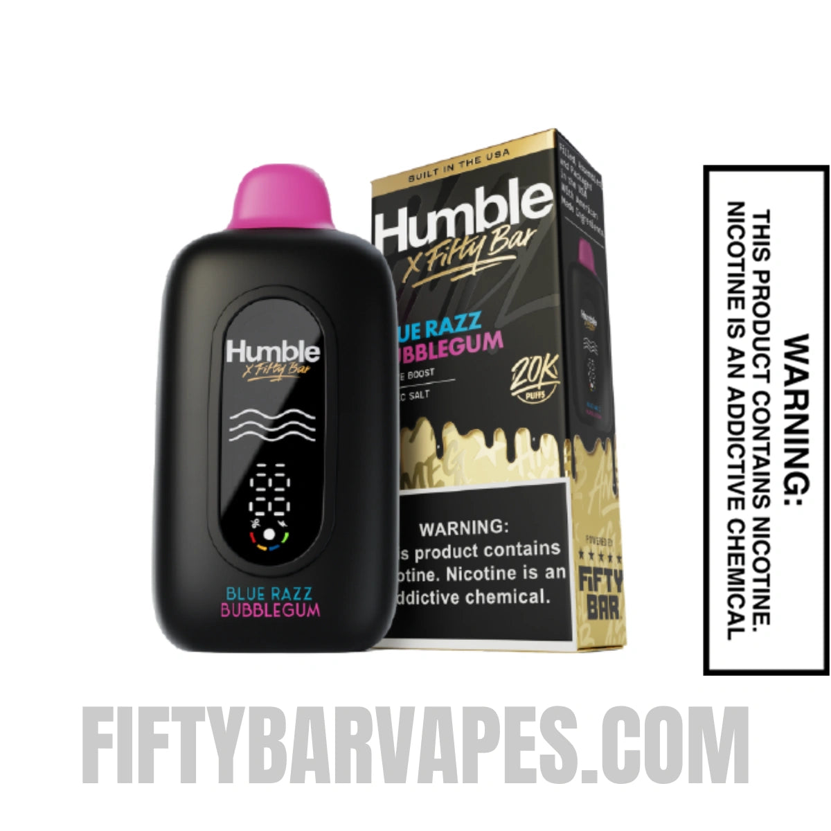 Blue Razz Bubblegum Humble x Fifty Bar 20K Disposable Vape with package box