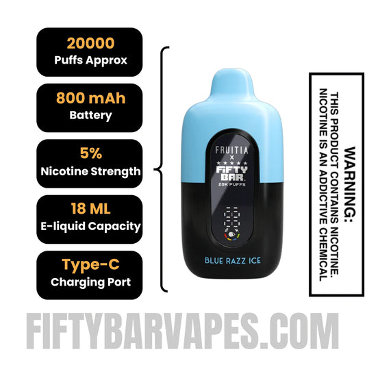 Blue Razz Ice Fruitia X Fifty Bar 20K Disposable Vape Specifications