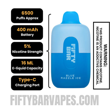 Blue Razzle Ice Fifty Bar 6500 Puffs Disposable Vape Specifications