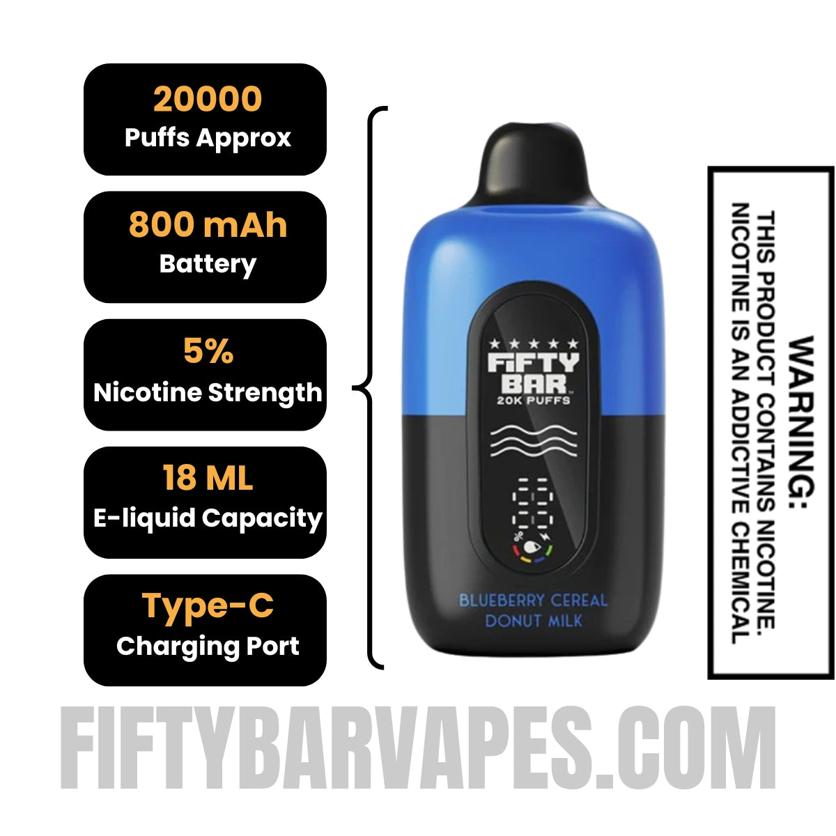 Blueberry Cereal Donut Milk Fifty Bar 20K Disposable Vape Specifications