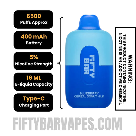 Blueberry Cereal Donut Milk Fifty Bar Disposable Vape Specifications