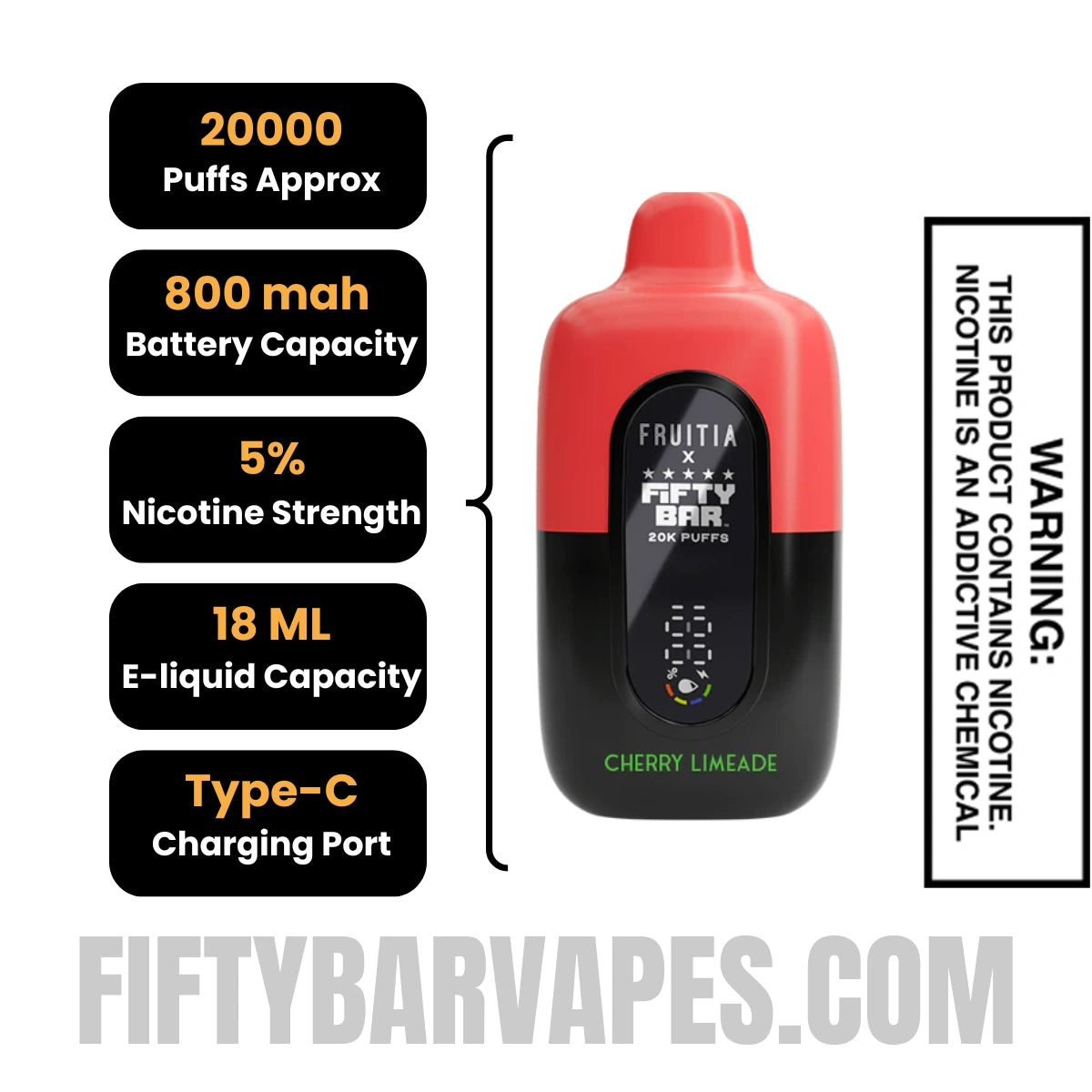 Cherry Limeade Fruitia X Fifty Bar 20K Disposable Vape Specifications