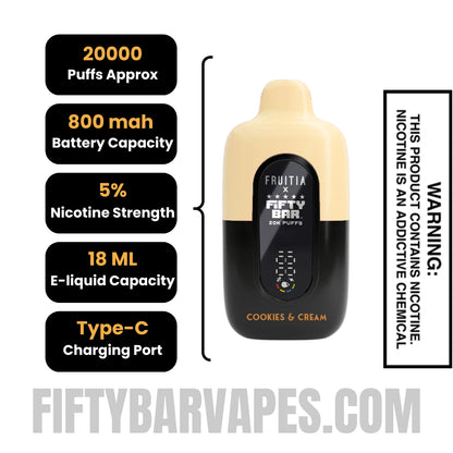 Cookies & Cream Fruitia X Fifty Bar 20K Disposable Vape Specifications