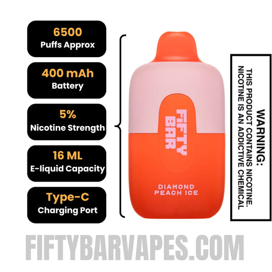 Diamond Peach Ice Fifty Bar 6500 Puffs Disposable Vape Specification