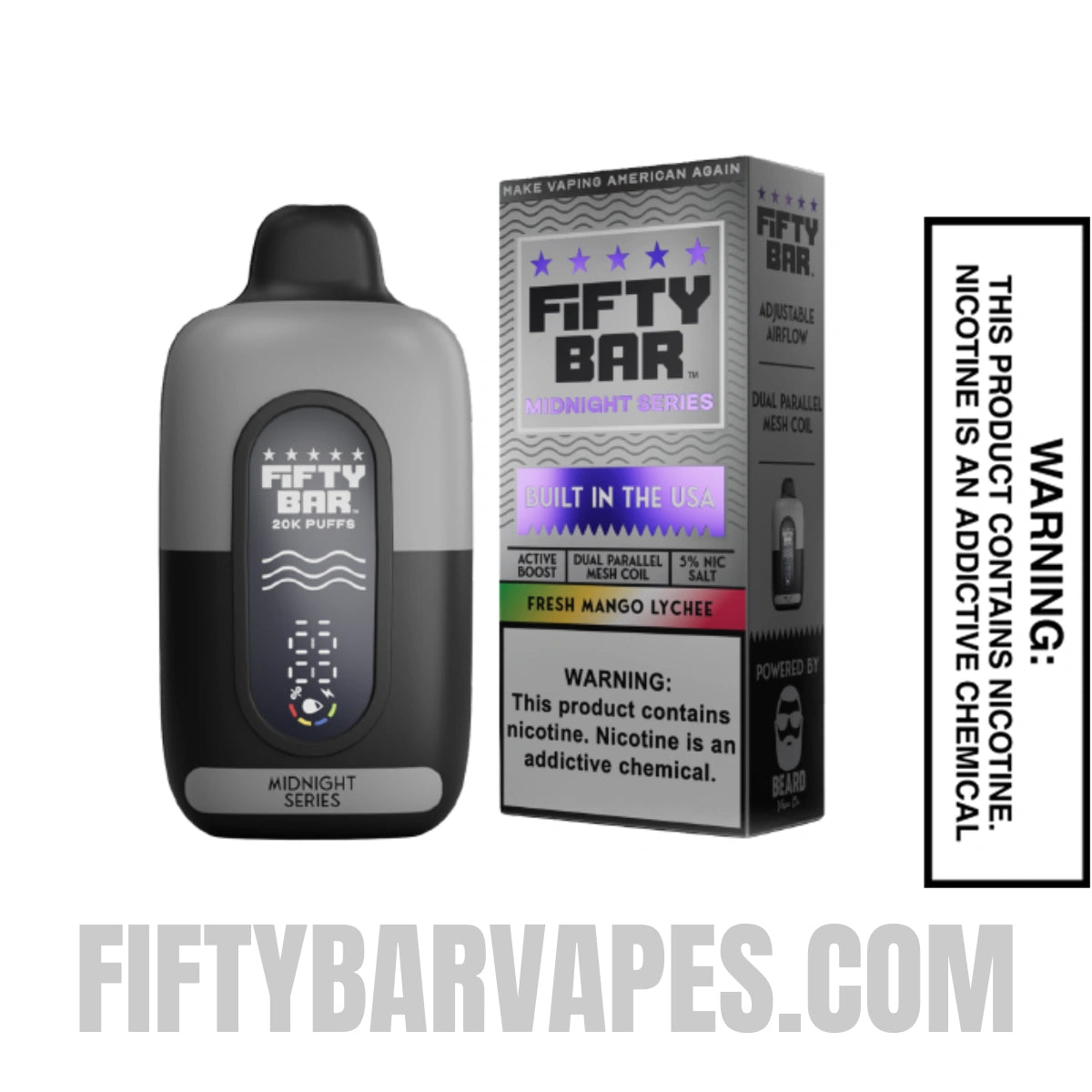 Fresh Mango Lychee Fifty Bar 20K Midnight Series Disposable Vape with package box