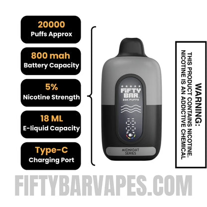 Frozen Peach Lime Razz Fifty Bar 20K Midnight Series Disposable Vape Specifications