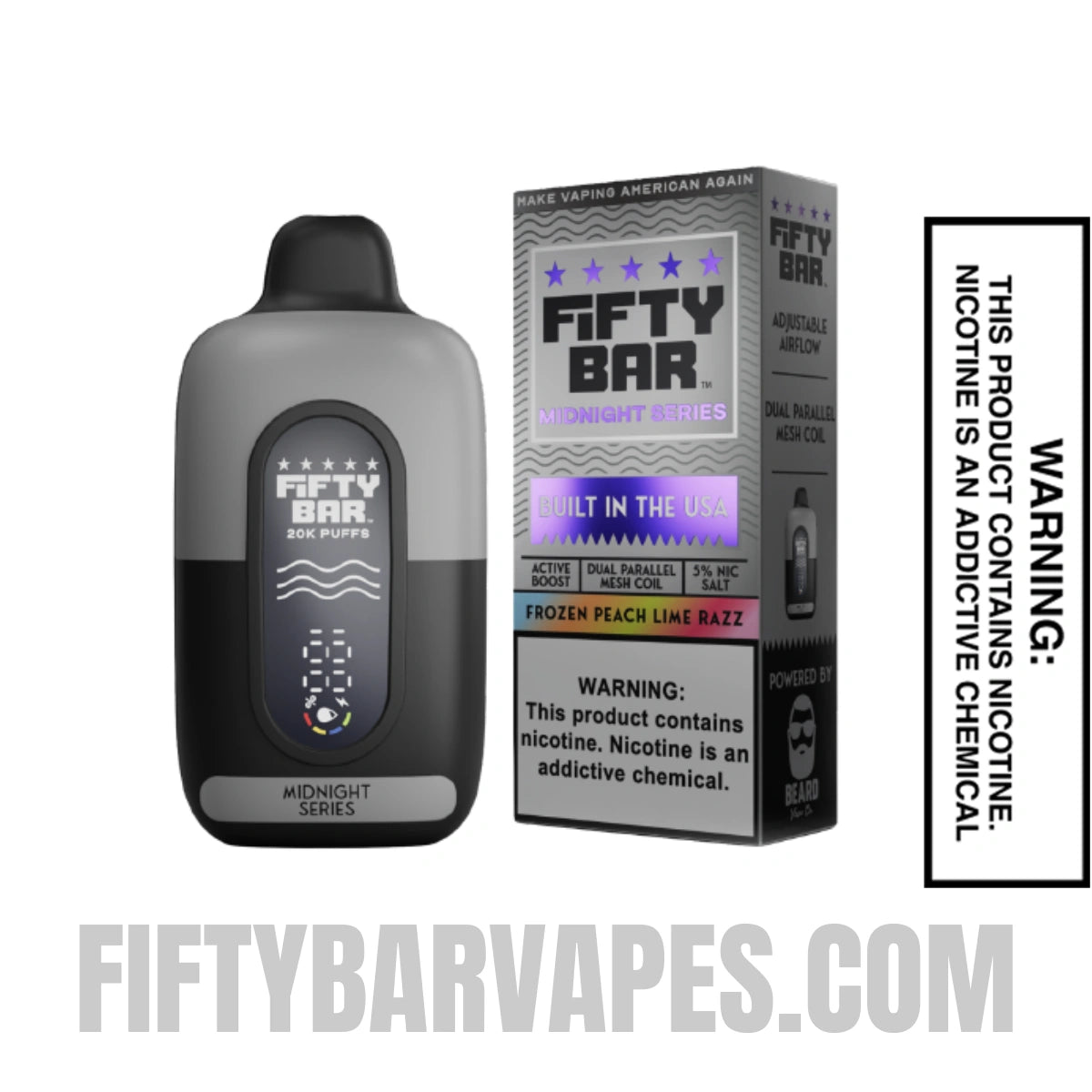 Frozen Peach Lime Razz Fifty Bar 20K Midnight Series Disposable Vape with package box