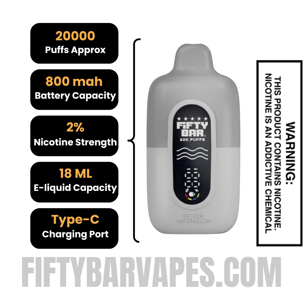 Frozen Watermelon Fifty Bar 20K Silver Series 2% Disposable Vape Specifications