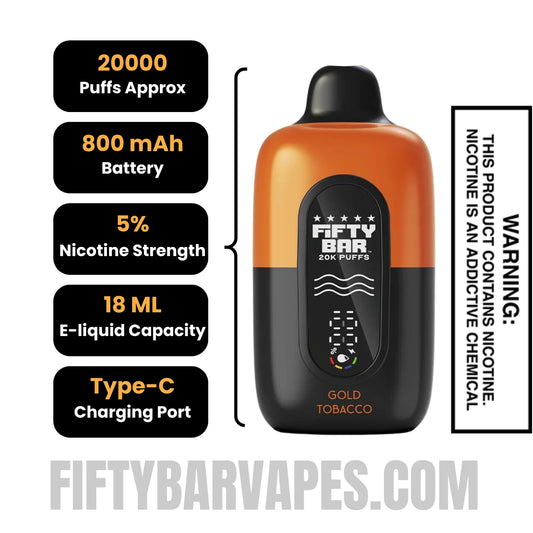 Gold Tobaccocino Fifty Bar 20k Disposable Vape Specifications