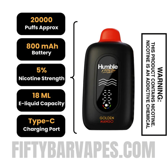 Golden Mango Humble x Fifty Bar 20K Disposable Vape Specifications