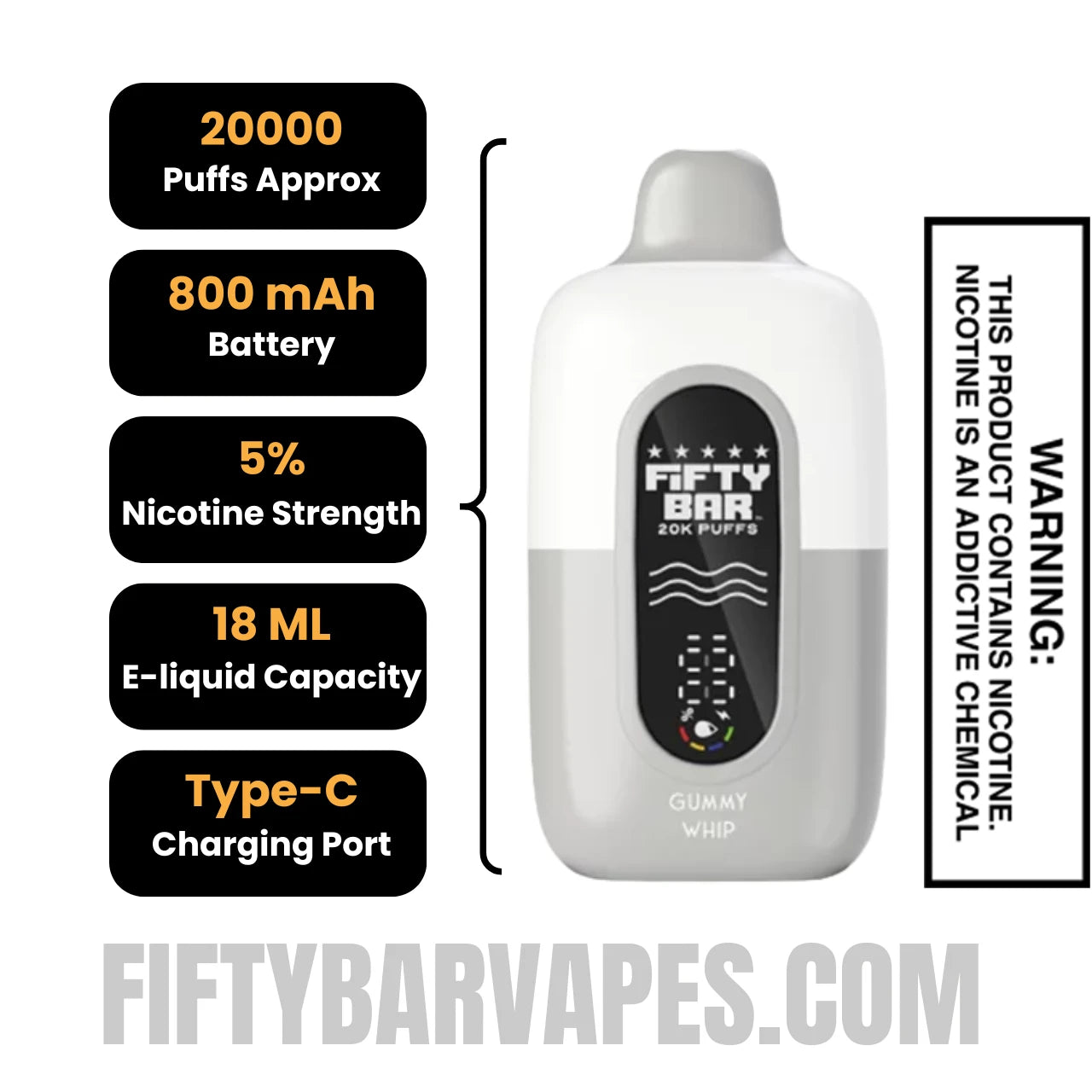 20k puff disposable vape how many ml e-liquid Gummy Whip Fifty Bar 20K Disposable Vape