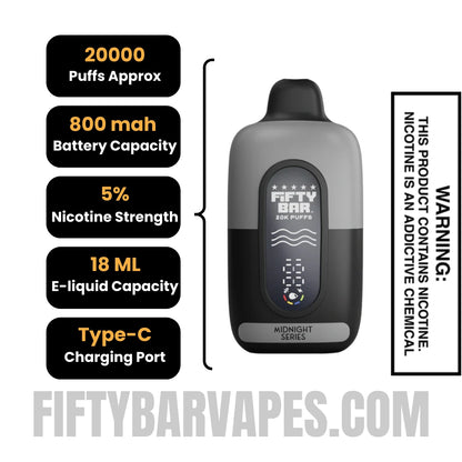 Iced Blue Rancher Fifty Bar 20K Midnight Series Disposable Vape Specifications
