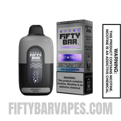 Iced Blue Rancher Fifty Bar 20K Midnight Series Disposable Vape with package box