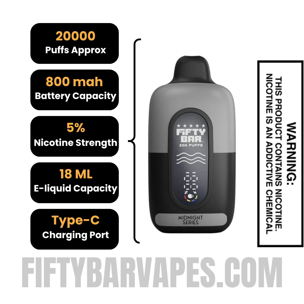 Iced Strawberry Pear Fifty Bar 20K Midnight Series Disposable Vape Specifications
