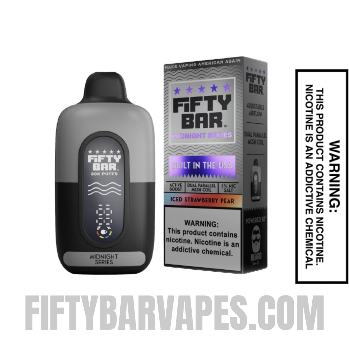 Iced Strawberry Pear Fifty Bar 20K Midnight Series Disposable Vape with package box