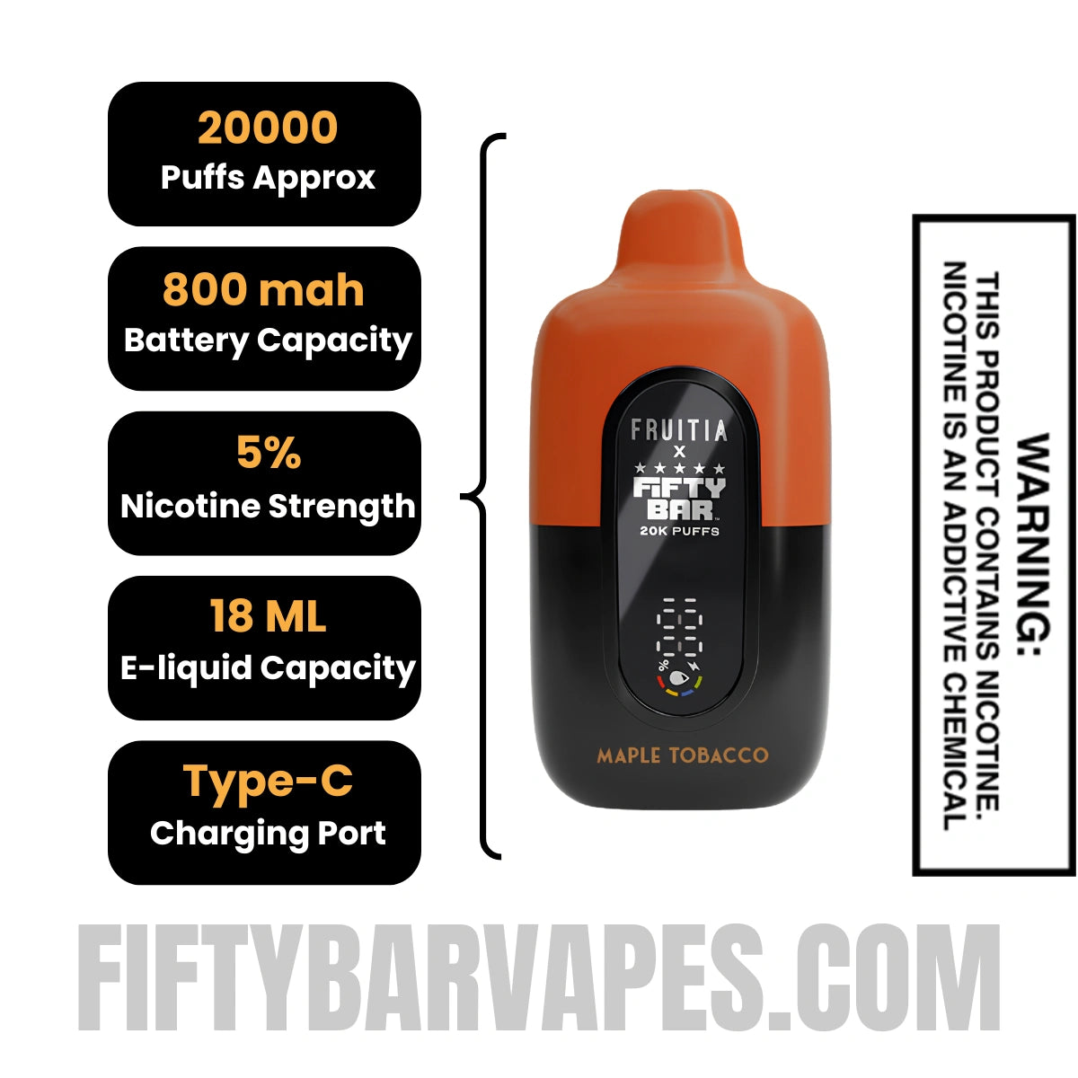 Maple Tobacco Fruitia X Fifty Bar 20K Disposable Vape Specifications