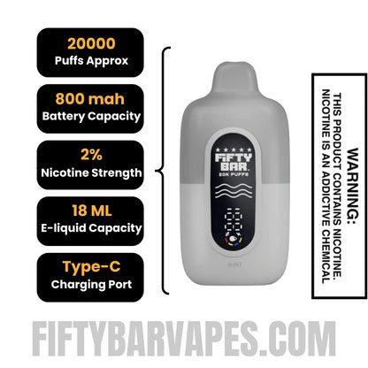 Mint Fifty Bar 20K Silver Series 2% Disposable Vape Specifications