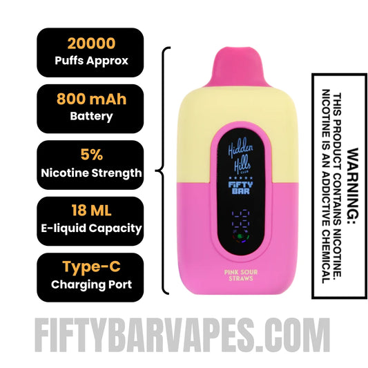 Pink Sour Straws Hidden Hills X Fifty Bar Vape Specifications