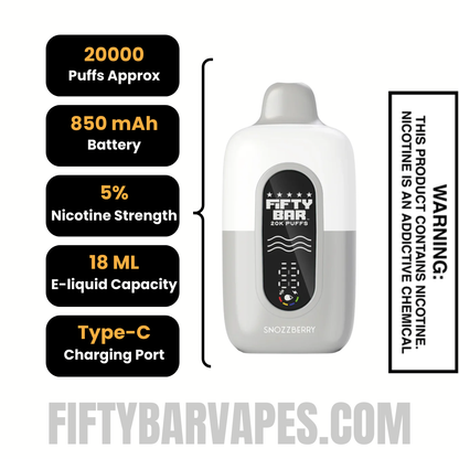 SnozzBerry Fifty Bar 20K Disposable Vape Specifications