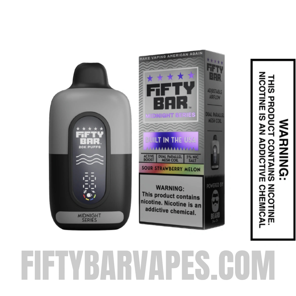 Sour Strawberry Melon Fifty Bar 20K Midnight Series Disposable Vape with package box