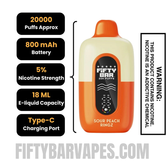 Sour Peach Ringz Hidden Hills X Fifty Bar 20k Disposable Vape Specifications