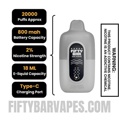 Strawberry Lemon Grape Fifty Bar 20K Silver Series 2% Disposable Vape Specifications