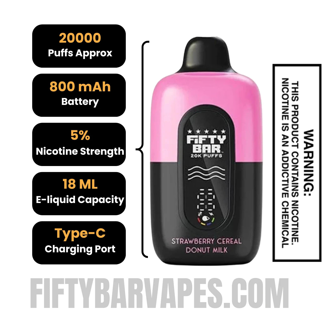 Strawberry Cereal Donut Milk Fifty Bar 20k Disposable Vape Specifications