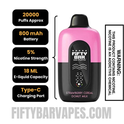 Strawberry Cereal Donut Milk Fifty Bar 20k Disposable Vape Specifications