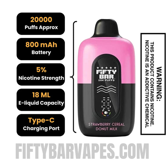 Strawberry Cereal Donut Milk Fifty Bar 20k Disposable Vape Specifications