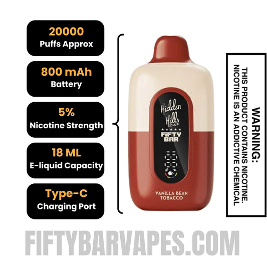 Vanilla Bean Tobacco Hidden Hills X Fifty Bar Vape Specifications