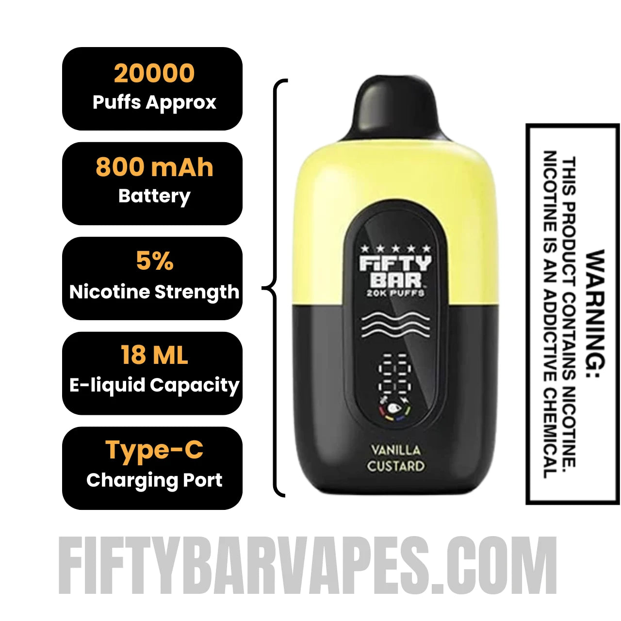 Vanilla Custard Fifty Bar 20k Disposable Vape Specifications