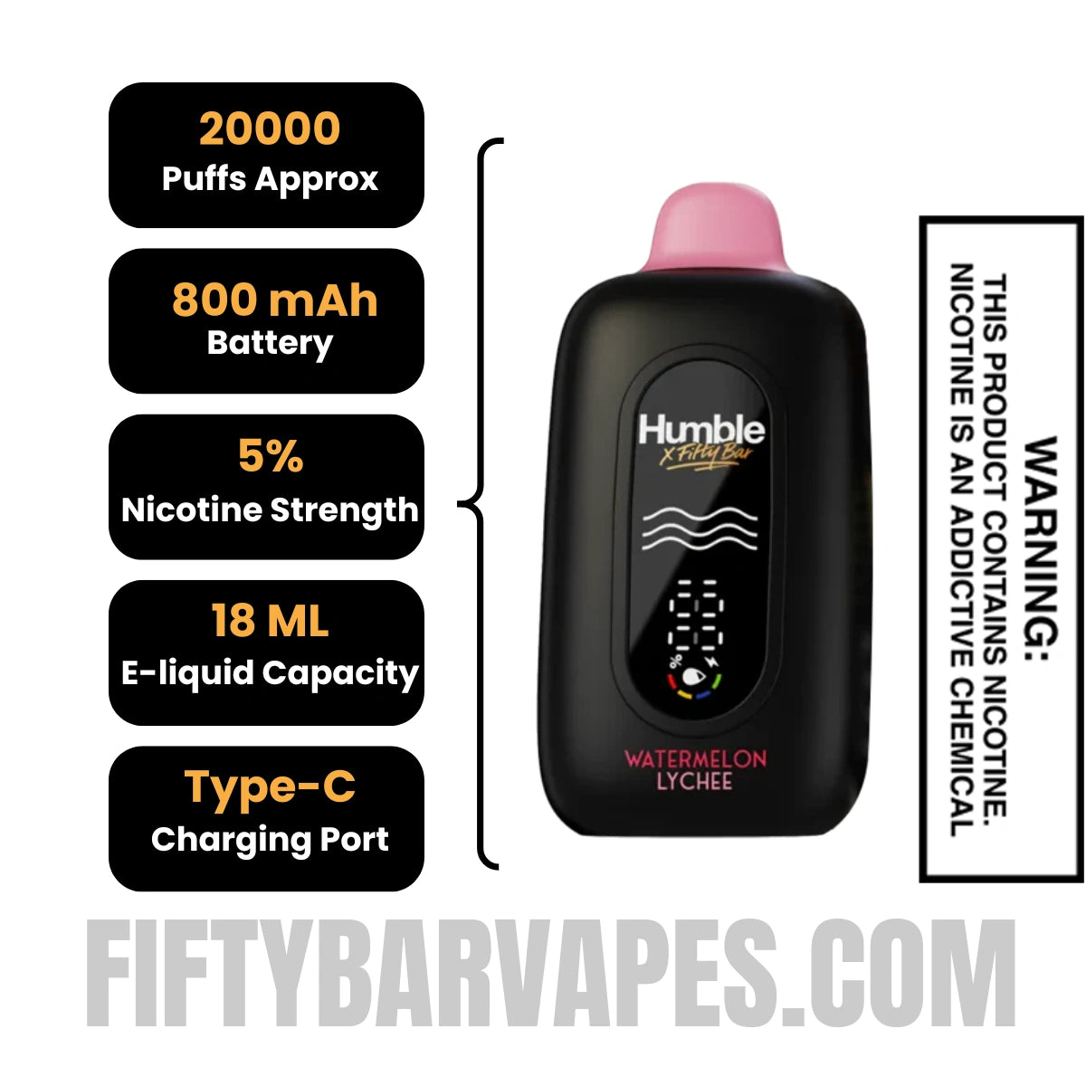Watermelon Lychee Humble x Fifty Bar 20K Disposable Vape Specifications