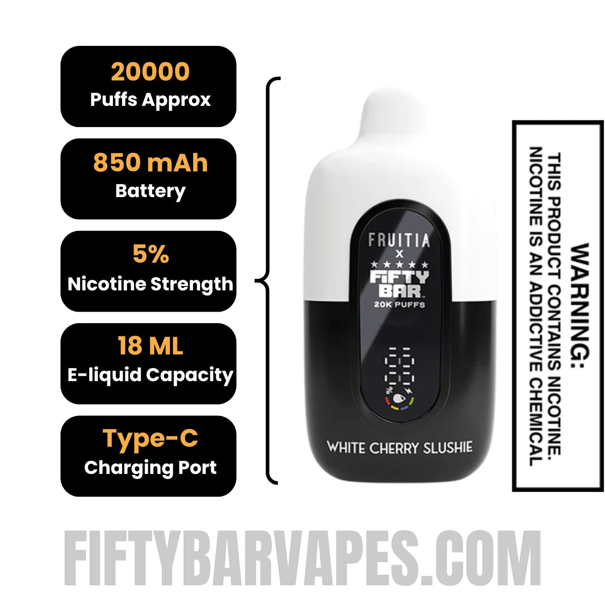 White Cherry Slushie Fruitia X FiftyBar 20K Disposable Vape Specifications